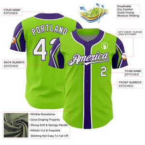 Custom Neon Green White-Purple 3 Colors Arm Shapes Authentic Baseball Jersey