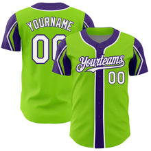 Laden Sie das Bild in den Galerie-Viewer, Custom Neon Green White-Purple 3 Colors Arm Shapes Authentic Baseball Jersey

