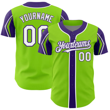 Custom Neon Green White-Purple 3 Colors Arm Shapes Authentic Baseball Jersey