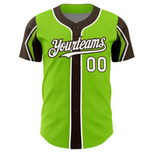 Load image into Gallery viewer, Custom Neon Green White-Brown 3 Colors Arm Shapes Authentic Baseball Jersey
