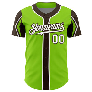Custom Neon Green White-Brown 3 Colors Arm Shapes Authentic Baseball Jersey