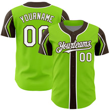 Load image into Gallery viewer, Custom Neon Green White-Brown 3 Colors Arm Shapes Authentic Baseball Jersey
