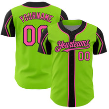 Load image into Gallery viewer, Custom Neon Green Pink-Black 3 Colors Arm Shapes Authentic Baseball Jersey
