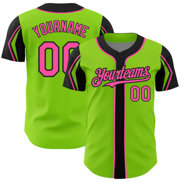 Custom Neon Green Pink-Black 3 Colors Arm Shapes Authentic Baseball Jersey