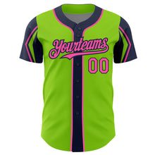Laden Sie das Bild in den Galerie-Viewer, Custom Neon Green Pink-Navy 3 Colors Arm Shapes Authentic Baseball Jersey

