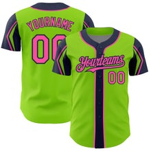Load image into Gallery viewer, Custom Neon Green Pink-Navy 3 Colors Arm Shapes Authentic Baseball Jersey

