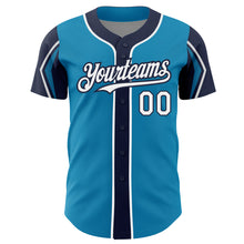 Load image into Gallery viewer, Custom Panther Blue White-Navy 3 Colors Arm Shapes Authentic Baseball Jersey

