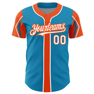 Custom Panther Blue White-Orange 3 Colors Arm Shapes Authentic Baseball Jersey