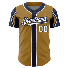 Laden Sie das Bild in den Galerie-Viewer, Custom Old Gold White-Navy 3 Colors Arm Shapes Authentic Baseball Jersey
