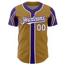 Laden Sie das Bild in den Galerie-Viewer, Custom Old Gold White-Purple 3 Colors Arm Shapes Authentic Baseball Jersey
