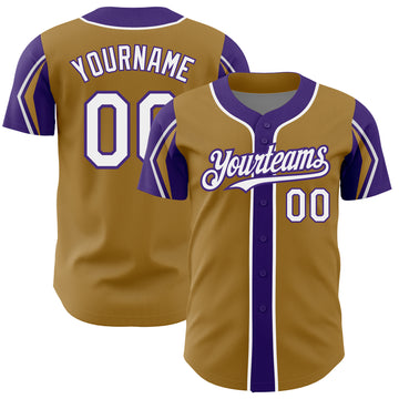 Custom Old Gold White-Purple 3 Colors Arm Shapes Authentic Baseball Jersey