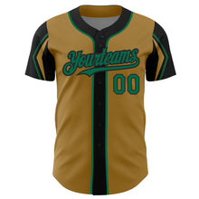 Load image into Gallery viewer, Custom Old Gold Kelly Green-Black 3 Colors Arm Shapes Authentic Baseball Jersey
