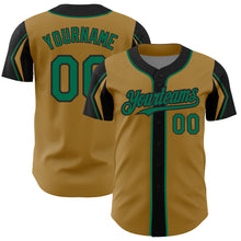 Laden Sie das Bild in den Galerie-Viewer, Custom Old Gold Kelly Green-Black 3 Colors Arm Shapes Authentic Baseball Jersey
