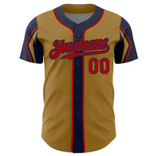 Load image into Gallery viewer, Custom Old Gold Red-Navy 3 Colors Arm Shapes Authentic Baseball Jersey
