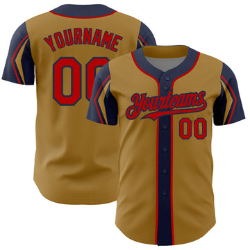 Custom Old Gold Red-Navy 3 Colors Arm Shapes Authentic Baseball Jersey