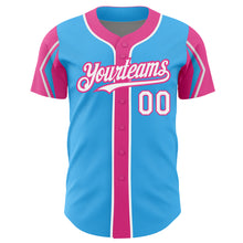 Laden Sie das Bild in den Galerie-Viewer, Custom Sky Blue White-Pink 3 Colors Arm Shapes Authentic Baseball Jersey
