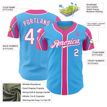 Laden Sie das Bild in den Galerie-Viewer, Custom Sky Blue White-Pink 3 Colors Arm Shapes Authentic Baseball Jersey
