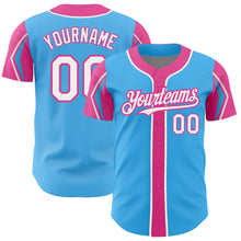 Laden Sie das Bild in den Galerie-Viewer, Custom Sky Blue White-Pink 3 Colors Arm Shapes Authentic Baseball Jersey
