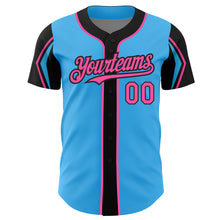 Load image into Gallery viewer, Custom Sky Blue Pink-Black 3 Colors Arm Shapes Authentic Baseball Jersey
