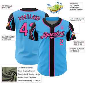 Custom Sky Blue Pink-Black 3 Colors Arm Shapes Authentic Baseball Jersey
