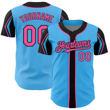 Load image into Gallery viewer, Custom Sky Blue Pink-Black 3 Colors Arm Shapes Authentic Baseball Jersey
