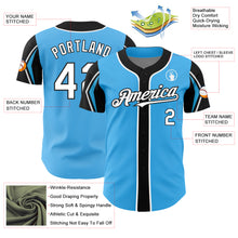 Load image into Gallery viewer, Custom Sky Blue White-Black 3 Colors Arm Shapes Authentic Baseball Jersey
