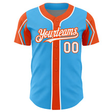 Load image into Gallery viewer, Custom Sky Blue White-Orange 3 Colors Arm Shapes Authentic Baseball Jersey
