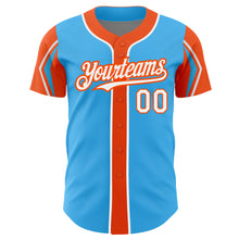 Laden Sie das Bild in den Galerie-Viewer, Custom Sky Blue White-Orange 3 Colors Arm Shapes Authentic Baseball Jersey
