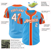 Laden Sie das Bild in den Galerie-Viewer, Custom Sky Blue White-Orange 3 Colors Arm Shapes Authentic Baseball Jersey
