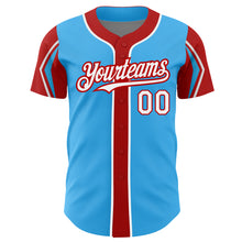 Load image into Gallery viewer, Custom Sky Blue White-Red 3 Colors Arm Shapes Authentic Baseball Jersey
