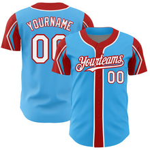 Load image into Gallery viewer, Custom Sky Blue White-Red 3 Colors Arm Shapes Authentic Baseball Jersey
