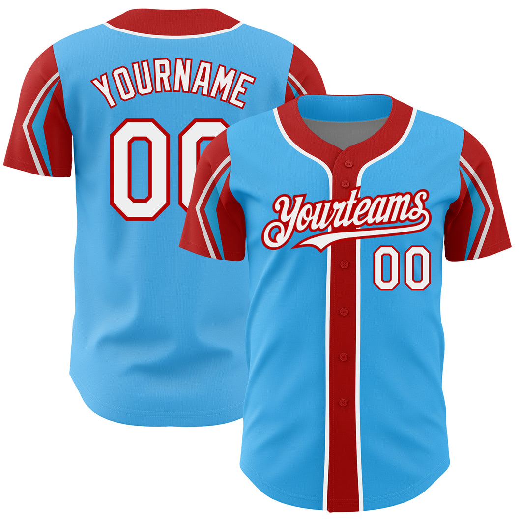 Custom Sky Blue White-Red 3 Colors Arm Shapes Authentic Baseball Jersey