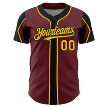 Load image into Gallery viewer, Custom Burgundy Gold-Black 3 Colors Arm Shapes Authentic Baseball Jersey
