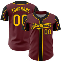 Load image into Gallery viewer, Custom Burgundy Gold-Black 3 Colors Arm Shapes Authentic Baseball Jersey
