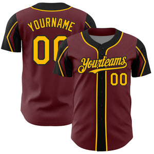 Custom Burgundy Gold-Black 3 Colors Arm Shapes Authentic Baseball Jersey