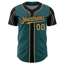 Laden Sie das Bild in den Galerie-Viewer, Custom Midnight Green Old Gold-Black 3 Colors Arm Shapes Authentic Baseball Jersey

