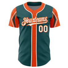 Load image into Gallery viewer, Custom Midnight Green White-Orange 3 Colors Arm Shapes Authentic Baseball Jersey
