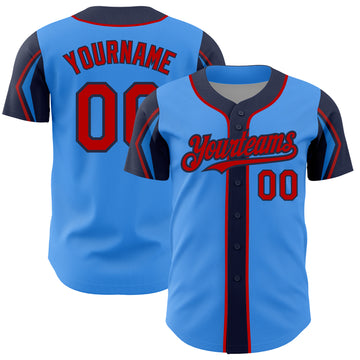 Custom Electric Blue Red-Navy 3 Colors Arm Shapes Authentic Baseball Jersey