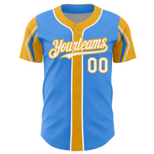 Load image into Gallery viewer, Custom Electric Blue White-Gold 3 Colors Arm Shapes Authentic Baseball Jersey
