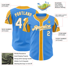 Laden Sie das Bild in den Galerie-Viewer, Custom Electric Blue White-Gold 3 Colors Arm Shapes Authentic Baseball Jersey
