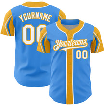 Load image into Gallery viewer, Custom Electric Blue White-Gold 3 Colors Arm Shapes Authentic Baseball Jersey
