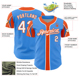 Custom Electric Blue White-Orange 3 Colors Arm Shapes Authentic Baseball Jersey