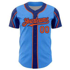 Custom Electric Blue Orange-Royal 3 Colors Arm Shapes Authentic Baseball Jersey