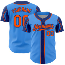 Load image into Gallery viewer, Custom Electric Blue Orange-Royal 3 Colors Arm Shapes Authentic Baseball Jersey
