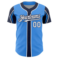 Load image into Gallery viewer, Custom Electric Blue White-Navy 3 Colors Arm Shapes Authentic Baseball Jersey
