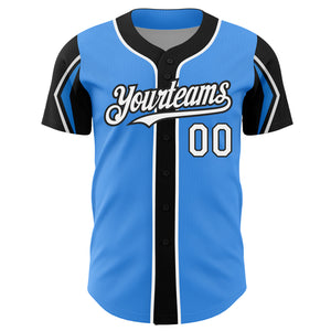 Custom Electric Blue White-Black 3 Colors Arm Shapes Authentic Baseball Jersey