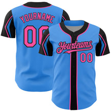 Load image into Gallery viewer, Custom Electric Blue Pink-Black 3 Colors Arm Shapes Authentic Baseball Jersey

