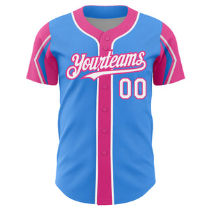 Custom Electric Blue White-Pink 3 Colors Arm Shapes Authentic Baseball Jersey