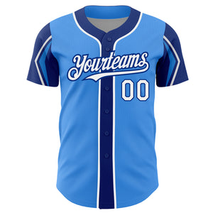 Custom Electric Blue White-Royal 3 Colors Arm Shapes Authentic Baseball Jersey