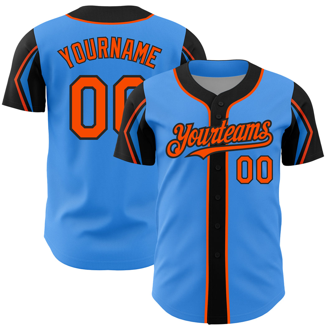 Custom Electric Blue Orange-Black 3 Colors Arm Shapes Authentic Baseball Jersey